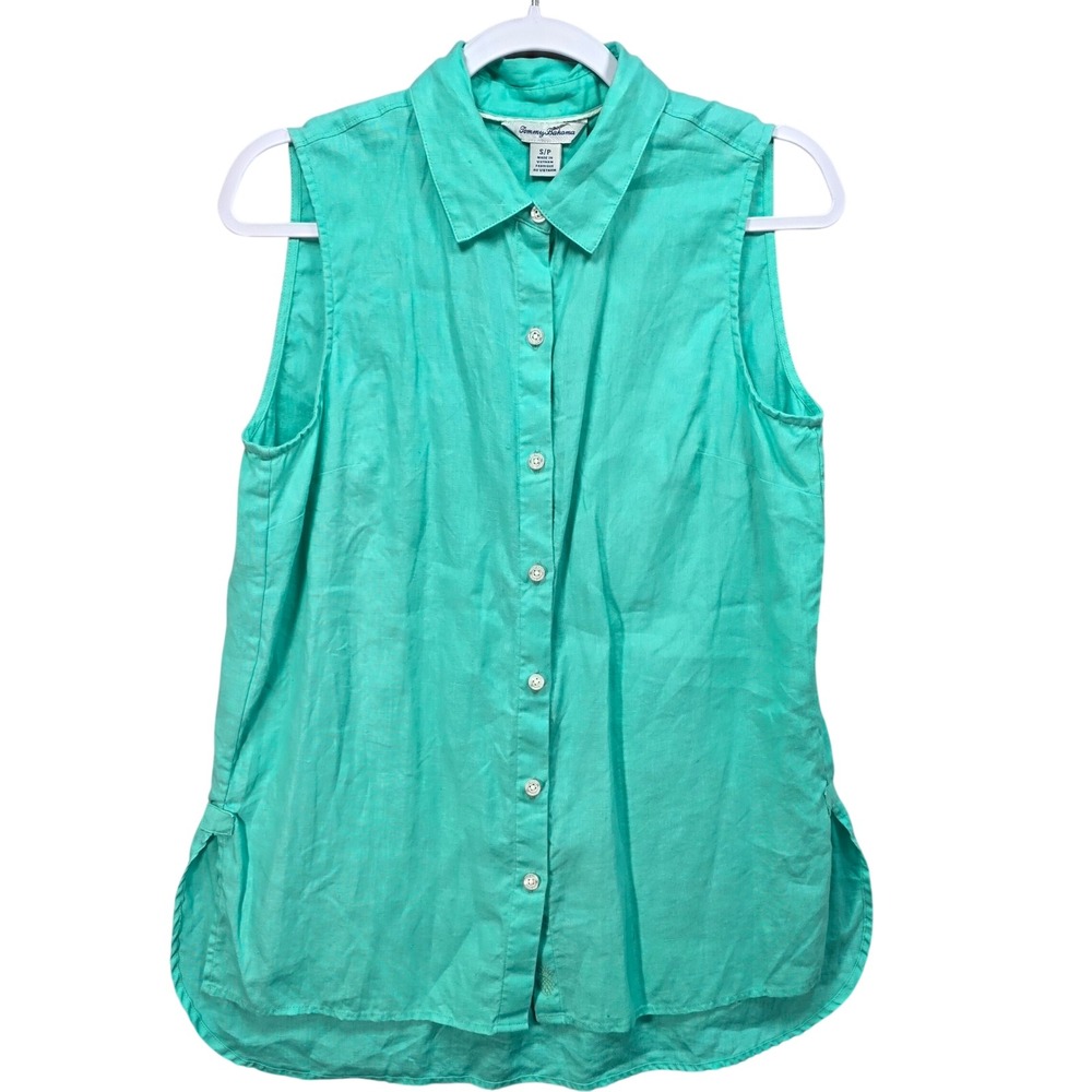 Tommy Bahama All Linen Shirt Womens S Sleeveless Button Down Turquoise Green Top